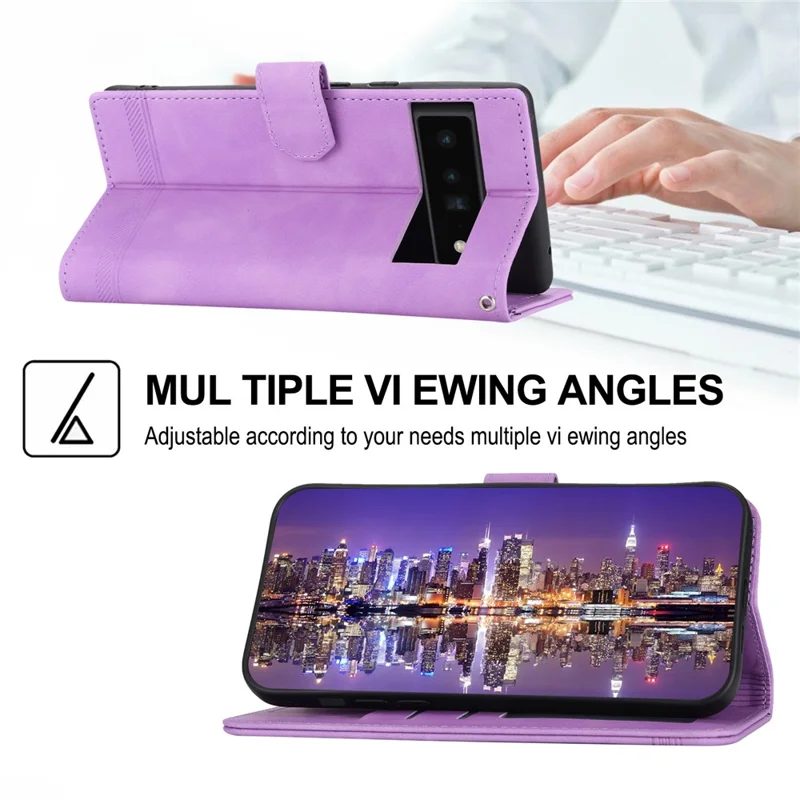 DIERFENG DF-03 Protective Phone Case for Google Pixel 6 Pro 5G, Anti-fall Flip Wallet Cover Stand with Lines Imprinting - Purple