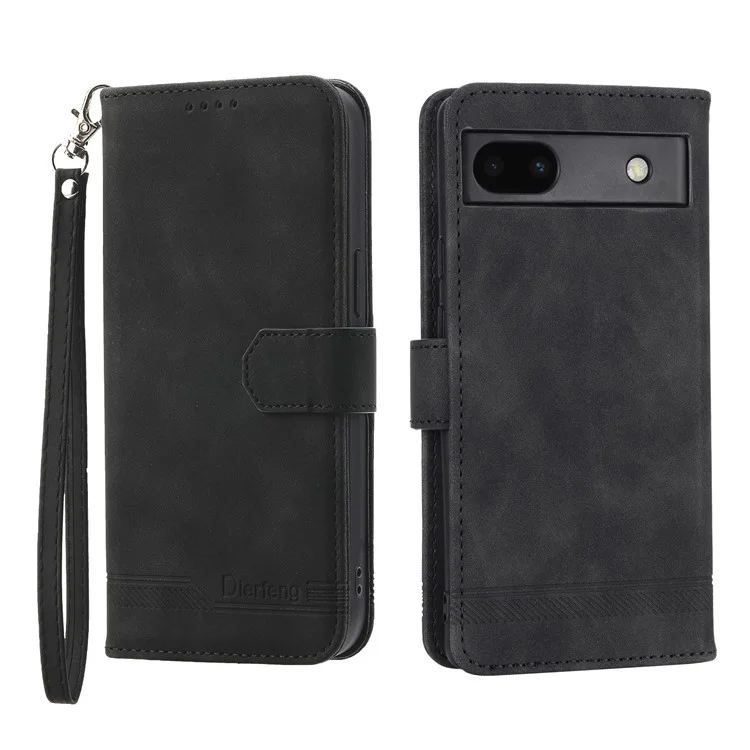Étui de protection en cuir PU anti-chute DIERFENG pour Google Pixel 6a, étui de protection pour téléphone à gravure de lignes DF-03 résistant aux rayures avec support et porte-cartes - Noir