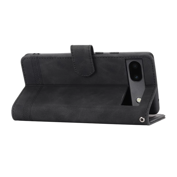 Étui de protection en cuir PU anti-chute DIERFENG pour Google Pixel 6a, étui de protection pour téléphone à gravure de lignes DF-03 résistant aux rayures avec support et porte-cartes - Noir