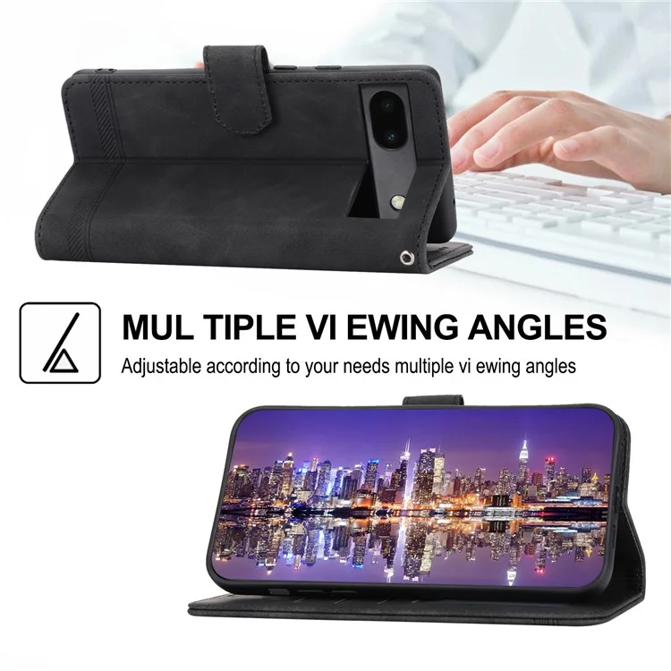 Étui de protection en cuir PU anti-chute DIERFENG pour Google Pixel 6a, étui de protection pour téléphone à gravure de lignes DF-03 résistant aux rayures avec support et porte-cartes - Noir