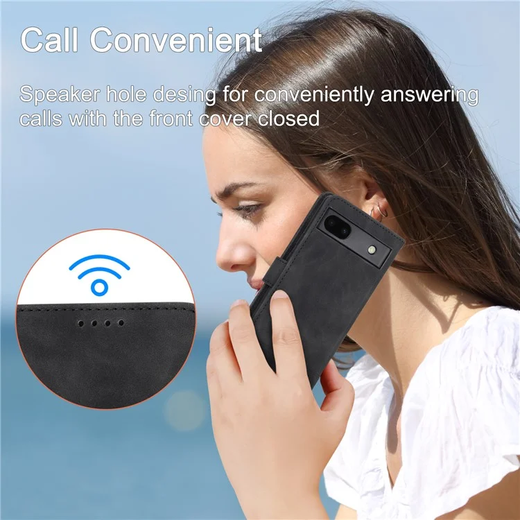 Étui de protection en cuir PU anti-chute DIERFENG pour Google Pixel 6a, étui de protection pour téléphone à gravure de lignes DF-03 résistant aux rayures avec support et porte-cartes - Noir