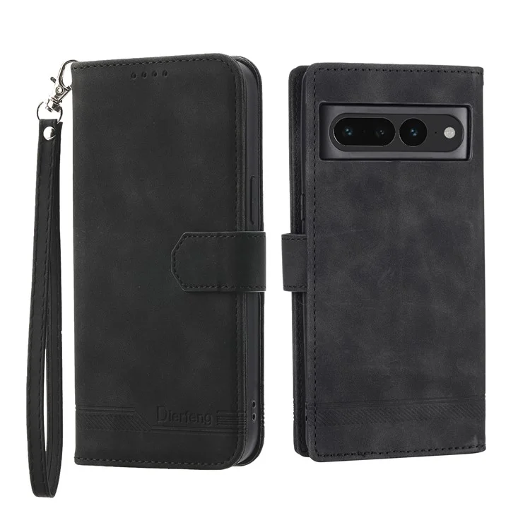 DIERFENG DF-03 Mobile Phone Leather Case for Google Pixel 7 Pro 5G, Lines Imprinted Phone Cover with Wallet Stand - Black