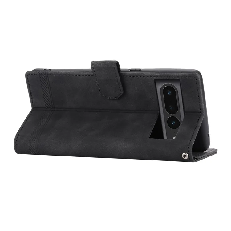 DIERFENG DF-03 Mobile Phone Leather Case for Google Pixel 7 Pro 5G, Lines Imprinted Phone Cover with Wallet Stand - Black