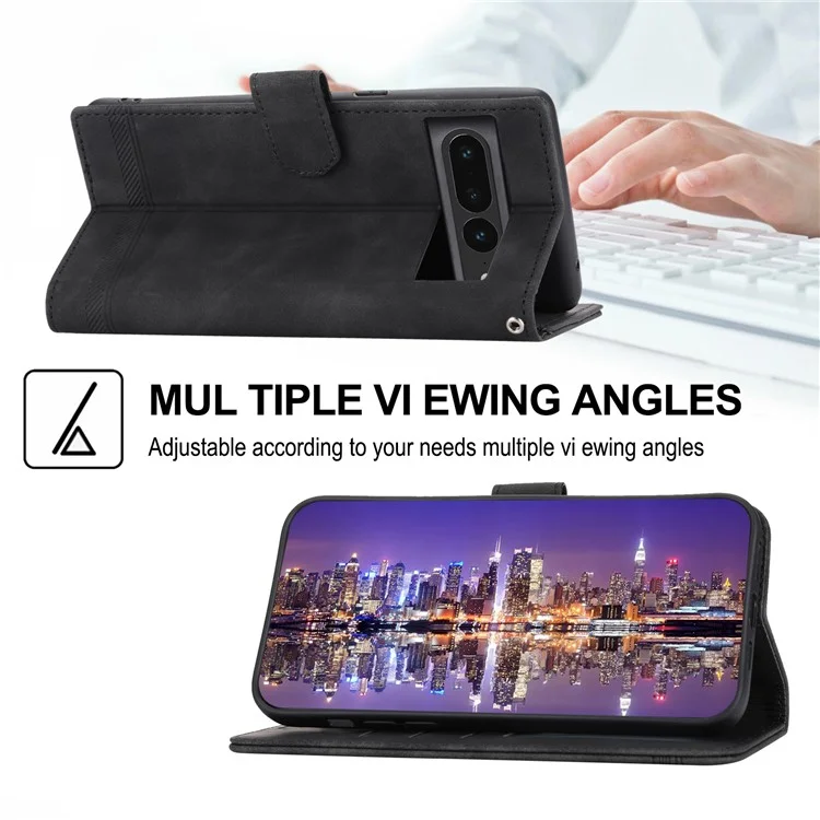 DIERFENG DF-03 Mobile Phone Leather Case for Google Pixel 7 Pro 5G, Lines Imprinted Phone Cover with Wallet Stand - Black