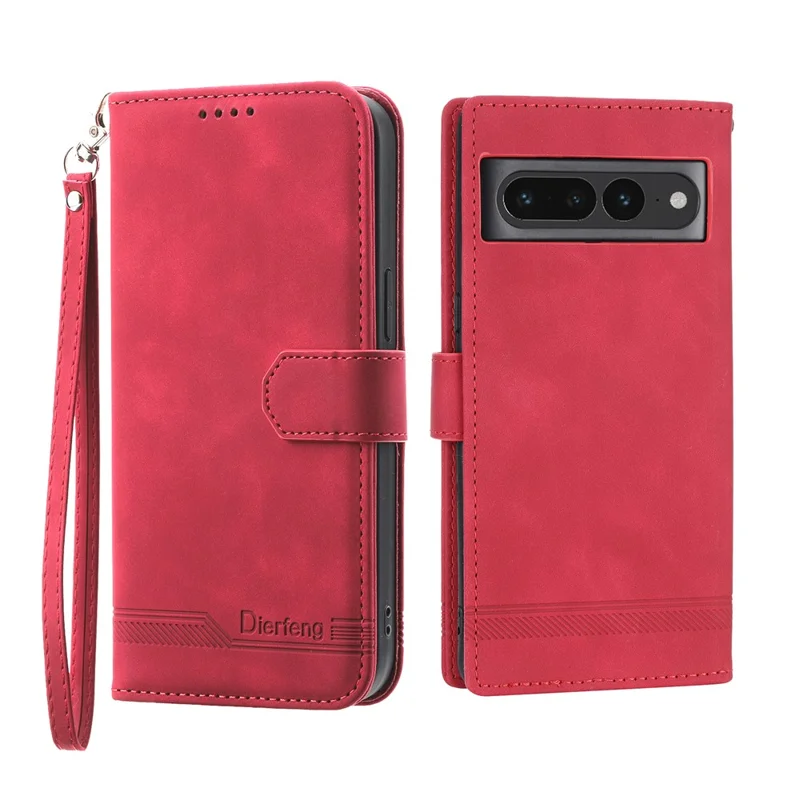 DIERFENG DF-03 Mobile Phone Leather Case for Google Pixel 7 Pro 5G, Lines Imprinted Phone Cover with Wallet Stand - Red