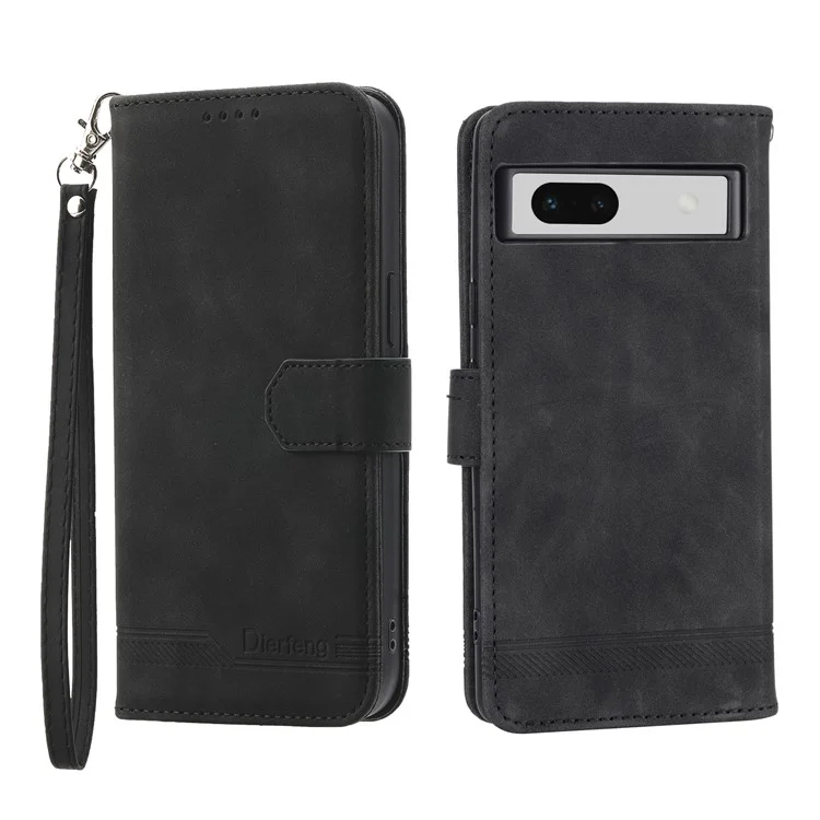 DIERFENG DF-03 PU Leather Wallet Case для Google Pixel 7a, Lines Imprinted Cell Phone Stand Cover - Black