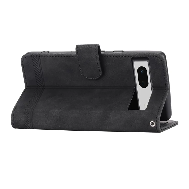DIERFENG DF-03 PU Leather Wallet Case для Google Pixel 7a, Lines Imprinted Cell Phone Stand Cover - Black
