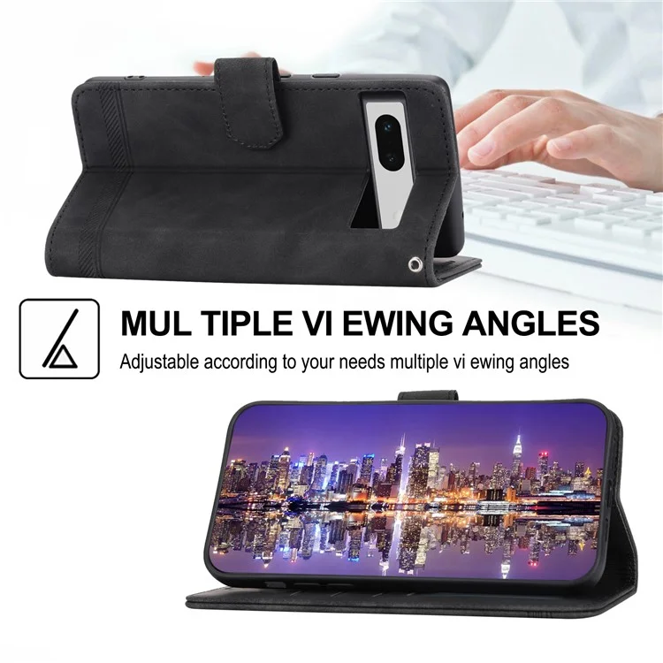 DIERFENG DF-03 PU Leather Wallet Case для Google Pixel 7a, Lines Imprinted Cell Phone Stand Cover - Black