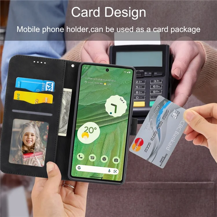 DIERFENG DF-03 PU Leather Wallet Case для Google Pixel 7a, Lines Imprinted Cell Phone Stand Cover - Black