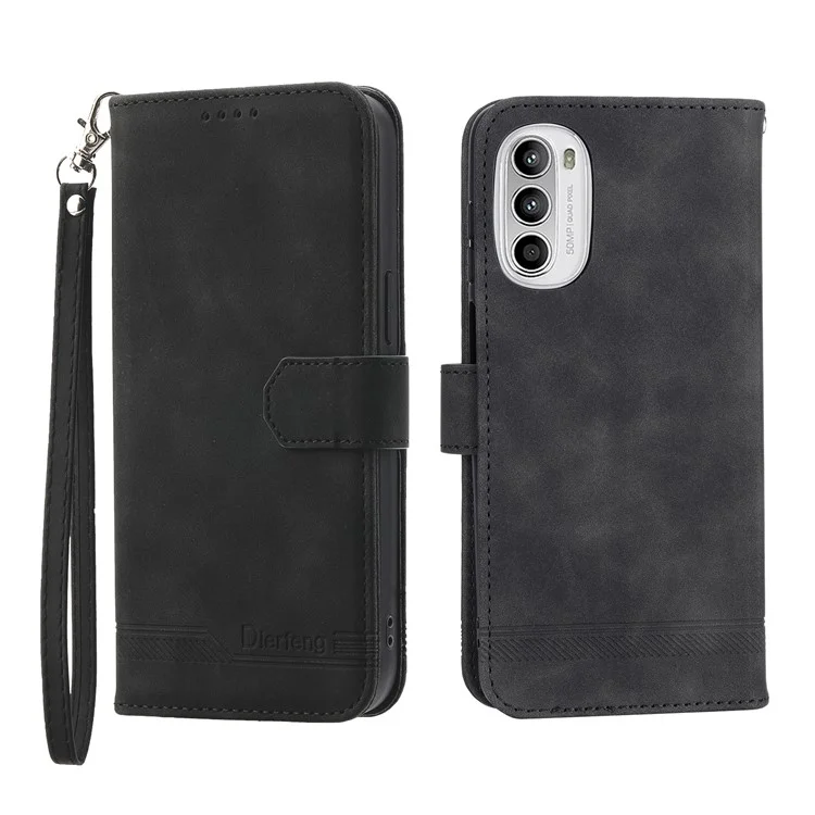 DIERFENG DF-03 per Motorola Moto G52 4G / G82 5G Stand PU Custodia in pelle Linee impresse Custodia per telefono con portafogli - Nero