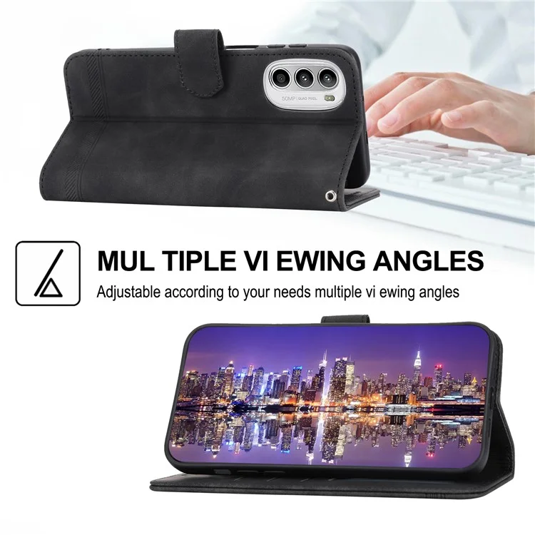 DIERFENG DF-03 per Motorola Moto G52 4G / G82 5G Stand PU Custodia in pelle Linee impresse Custodia per telefono con portafogli - Nero