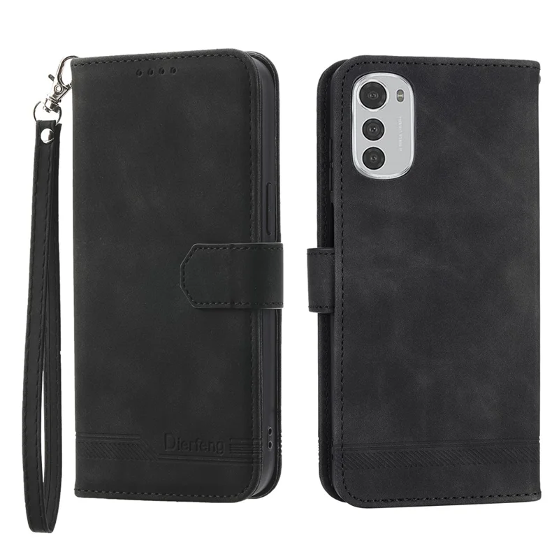 DIERFENG DF-03 Étui en cuir anti-rayures pour Motorola Moto E32 4G, couverture de portefeuille et support de téléphone avec motif de lignes - Noir