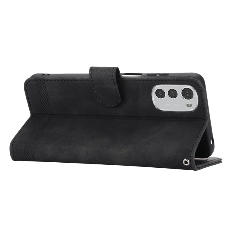 DIERFENG DF-03 Étui en cuir anti-rayures pour Motorola Moto E32 4G, couverture de portefeuille et support de téléphone avec motif de lignes - Noir