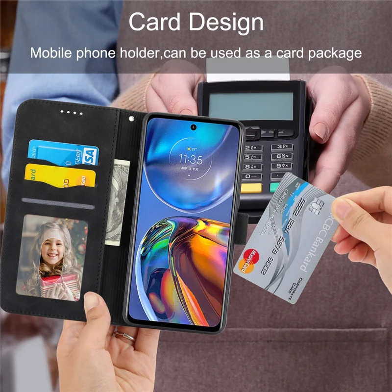 DIERFENG DF-03 Étui en cuir anti-rayures pour Motorola Moto E32 4G, couverture de portefeuille et support de téléphone avec motif de lignes - Noir