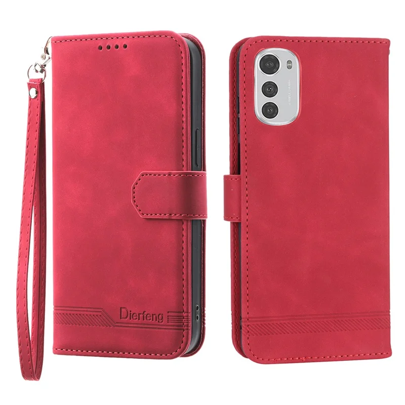 DIERFENG DF-03 Anti-scratch Leather Case for Motorola Moto E32 4G, Lines Imprinted Phone Wallet Stand Cover - Red