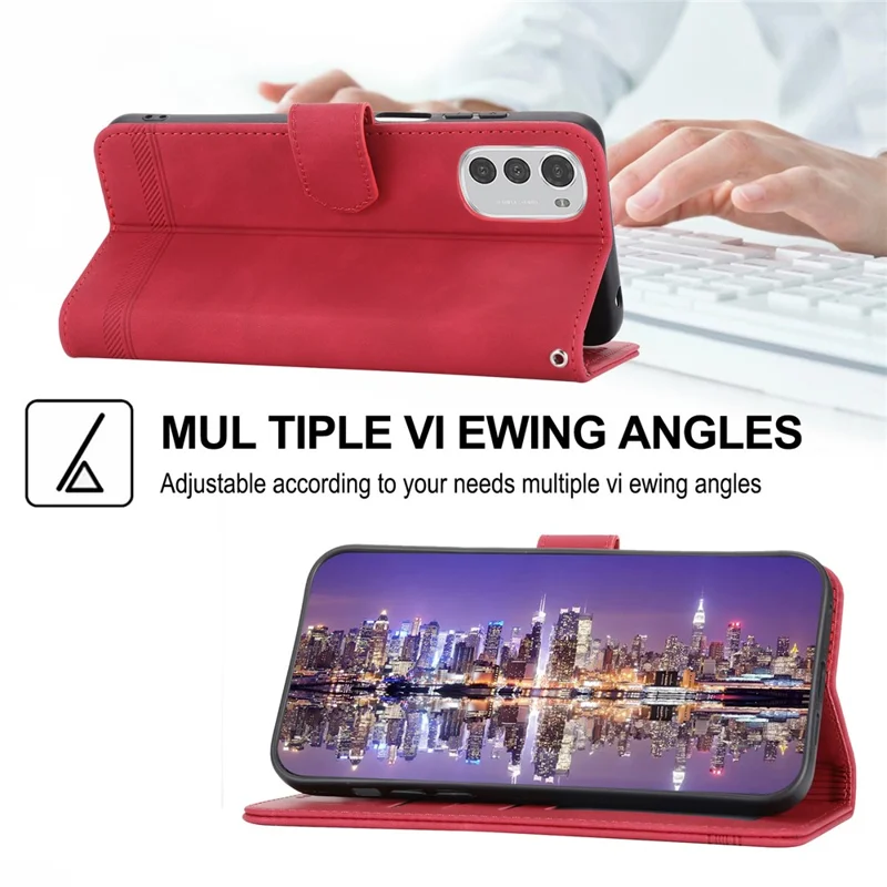 DIERFENG DF-03 Anti-scratch Leather Case for Motorola Moto E32 4G, Lines Imprinted Phone Wallet Stand Cover - Red