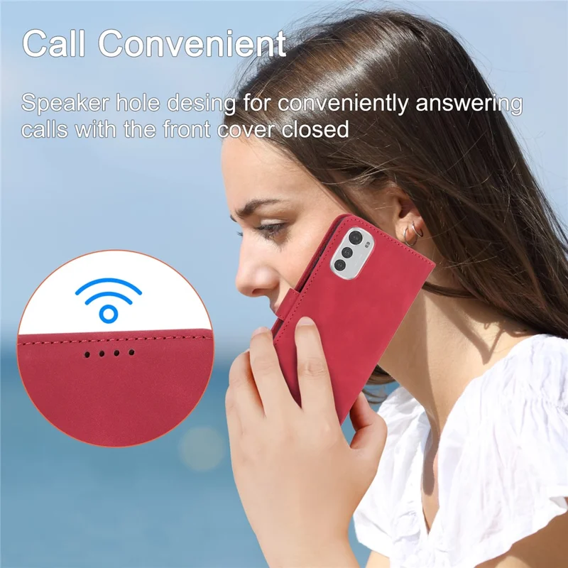 DIERFENG DF-03 Anti-scratch Leather Case for Motorola Moto E32 4G, Lines Imprinted Phone Wallet Stand Cover - Red