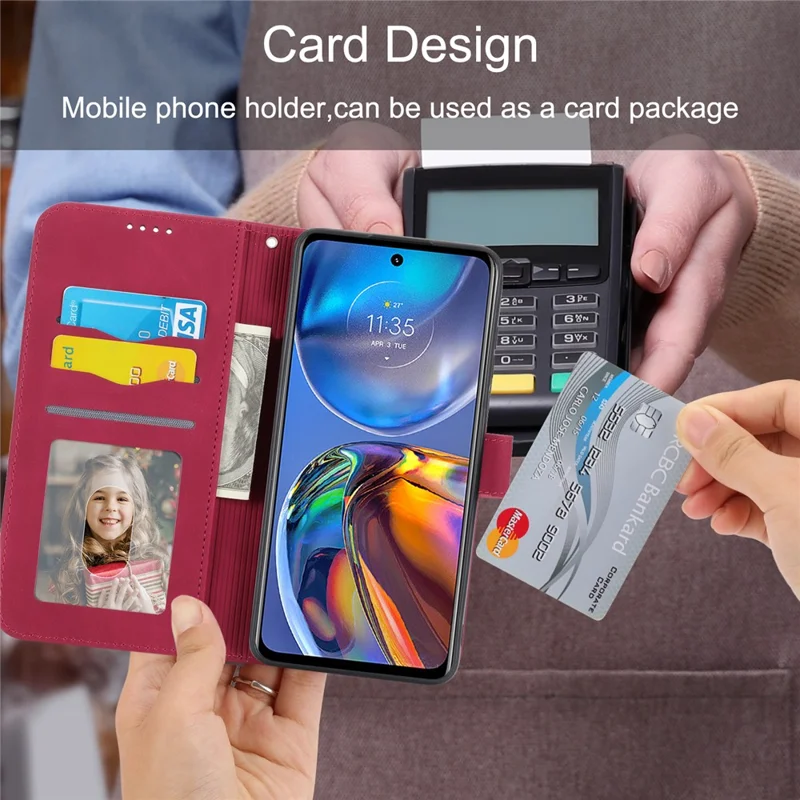 DIERFENG DF-03 Anti-scratch Leather Case for Motorola Moto E32 4G, Lines Imprinted Phone Wallet Stand Cover - Red