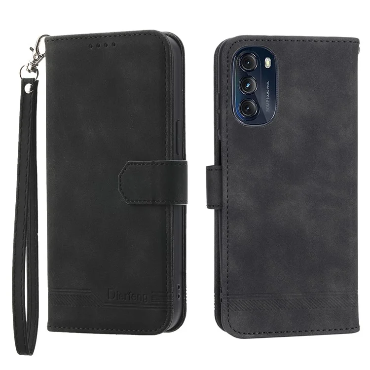 DIERFENG DF-03 Protective Phone Cover for Motorola Moto G (2022) 5G, Wallet Stand Lines Imprinted PU Leather Case - Black
