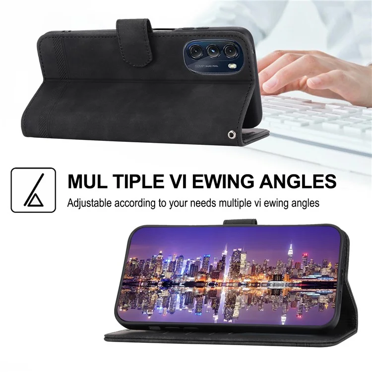 DIERFENG DF-03 Protective Phone Cover for Motorola Moto G (2022) 5G, Wallet Stand Lines Imprinted PU Leather Case - Black