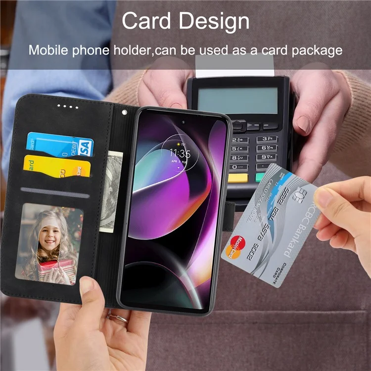 DIERFENG DF-03 Protective Phone Cover for Motorola Moto G (2022) 5G, Wallet Stand Lines Imprinted PU Leather Case - Black
