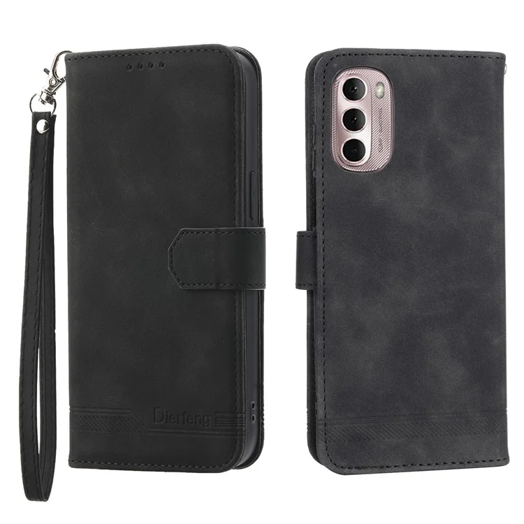 DIERFENG DF-03 Phone Wallet Case for Motorola Moto G Stylus 4G (2022), Lines Imprinted PU Leather Phone Stand Cover - Black