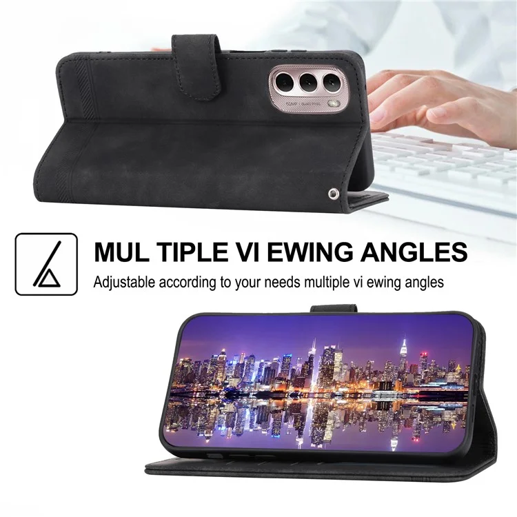 DIERFENG DF-03 Phone Wallet Case for Motorola Moto G Stylus 4G (2022), Lines Imprinted PU Leather Phone Stand Cover - Black