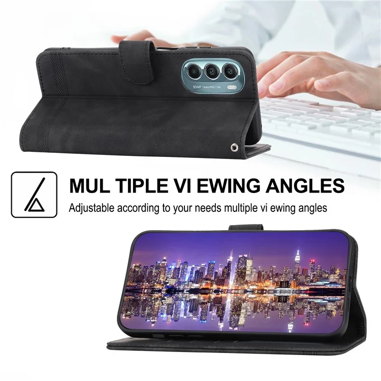 DIERFENG DF-03 Phone Stand Case per Motorola Moto G Stylus 5G (2022), Linee Impresse Custodia Portafoglio in Pelle PU - Nero