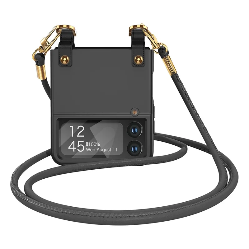 GKK Cell Phone Cover for Samsung Galaxy Z Flip3 5G, PU Leather Coated PC Crossbody Phone Case with Shoulder Strap - Black