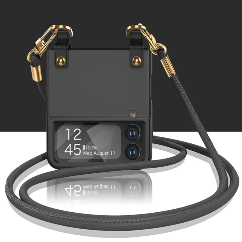 GKK Cell Phone Cover for Samsung Galaxy Z Flip3 5G, PU Leather Coated PC Crossbody Phone Case with Shoulder Strap - Black