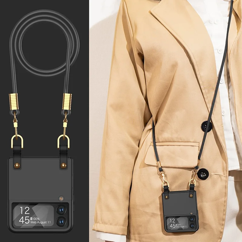 GKK Cell Phone Cover for Samsung Galaxy Z Flip3 5G, PU Leather Coated PC Crossbody Phone Case with Shoulder Strap - Black