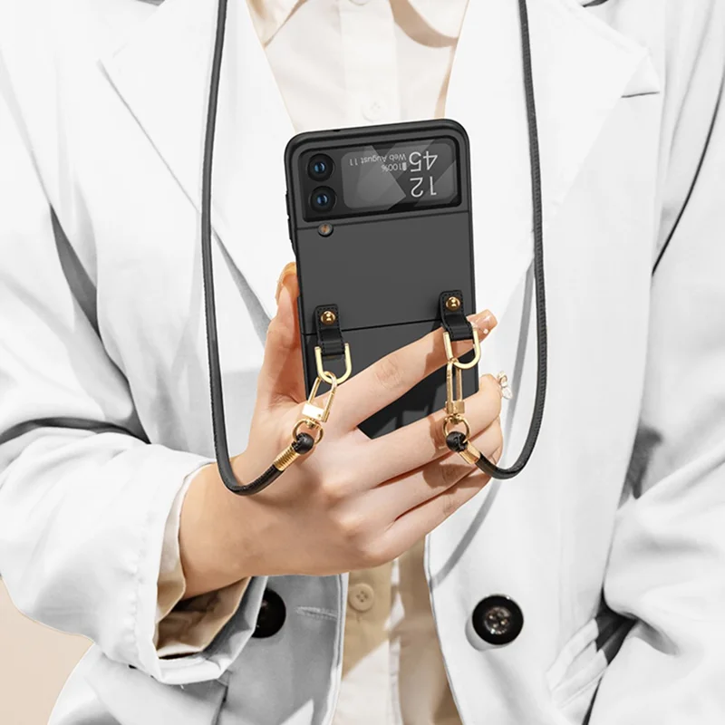 GKK Cell Phone Cover for Samsung Galaxy Z Flip3 5G, PU Leather Coated PC Crossbody Phone Case with Shoulder Strap - Black