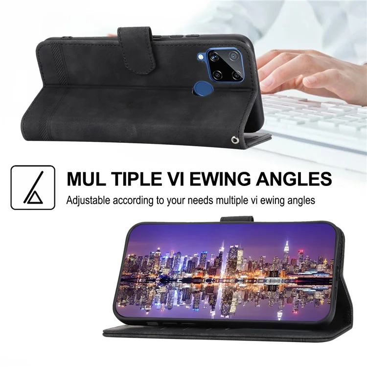 DIERFENG DF-03 Wallet Phone Case для Realme C25 / C15 / C12, текстурированный дизайн из искусственной кожи, подставка для телефона - черный