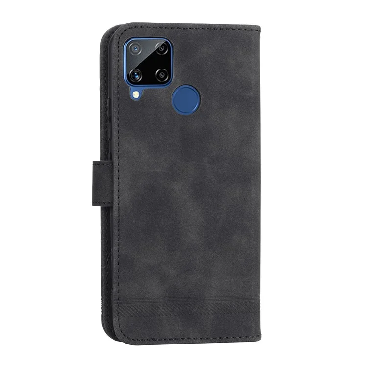 DIERFENG DF-03 Wallet Phone Case для Realme C25 / C15 / C12, текстурированный дизайн из искусственной кожи, подставка для телефона - черный