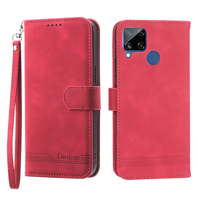 DIERFENG DF-03 Wallet Phone Case for Realme C25 / C15 / C12, Lines Imprinted PU Leather Stand Smartphone Cover - Red