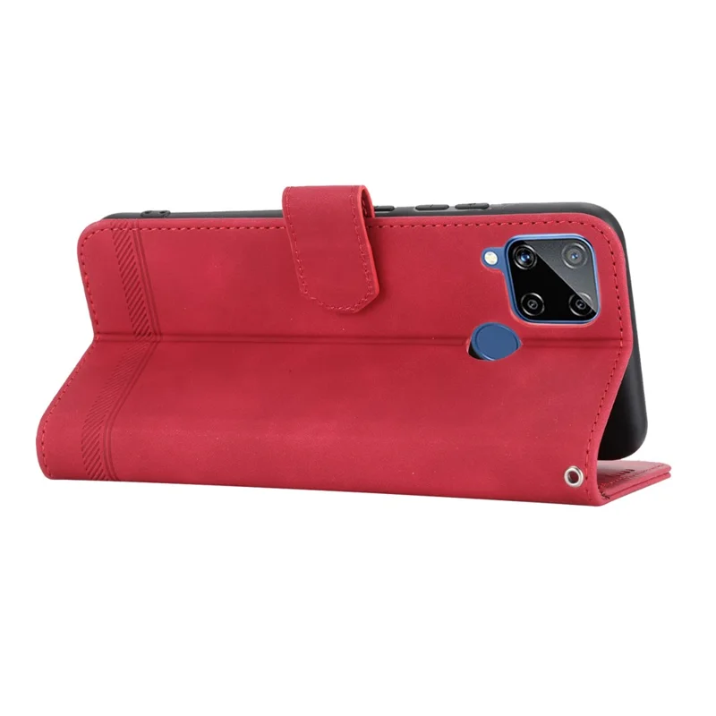 DIERFENG DF-03 Wallet Phone Case for Realme C25 / C15 / C12, Lines Imprinted PU Leather Stand Smartphone Cover - Red