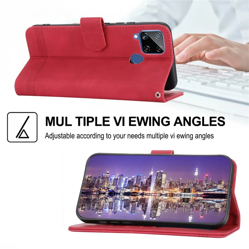 DIERFENG DF-03 Wallet Phone Case for Realme C25 / C15 / C12, Lines Imprinted PU Leather Stand Smartphone Cover - Red