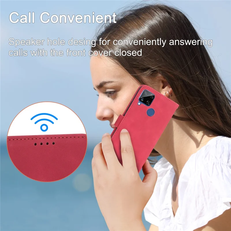 DIERFENG DF-03 Wallet Phone Case for Realme C25 / C15 / C12, Lines Imprinted PU Leather Stand Smartphone Cover - Red