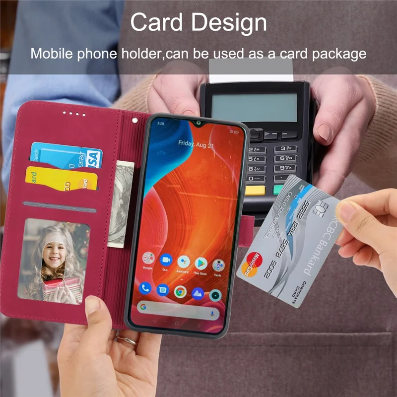 DIERFENG DF-03 Wallet Phone Case for Realme C25 / C15 / C12, Lines Imprinted PU Leather Stand Smartphone Cover - Red