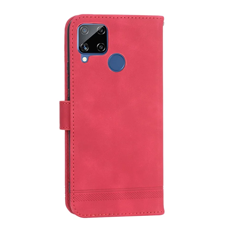 DIERFENG DF-03 Wallet Phone Case for Realme C25 / C15 / C12, Lines Imprinted PU Leather Stand Smartphone Cover - Red