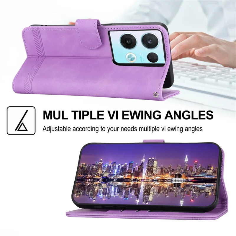 DIERFENG DF-03 Phone Leather Case for Oppo Reno8 5G (Global Version), Stand Lines Imprinted Wallet Phone Cover - Purple