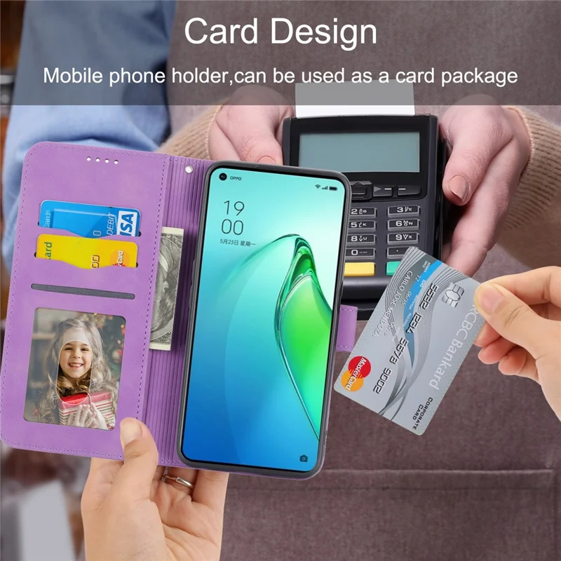DIERFENG DF-03 Phone Leather Case for Oppo Reno8 5G (Global Version), Stand Lines Imprinted Wallet Phone Cover - Purple