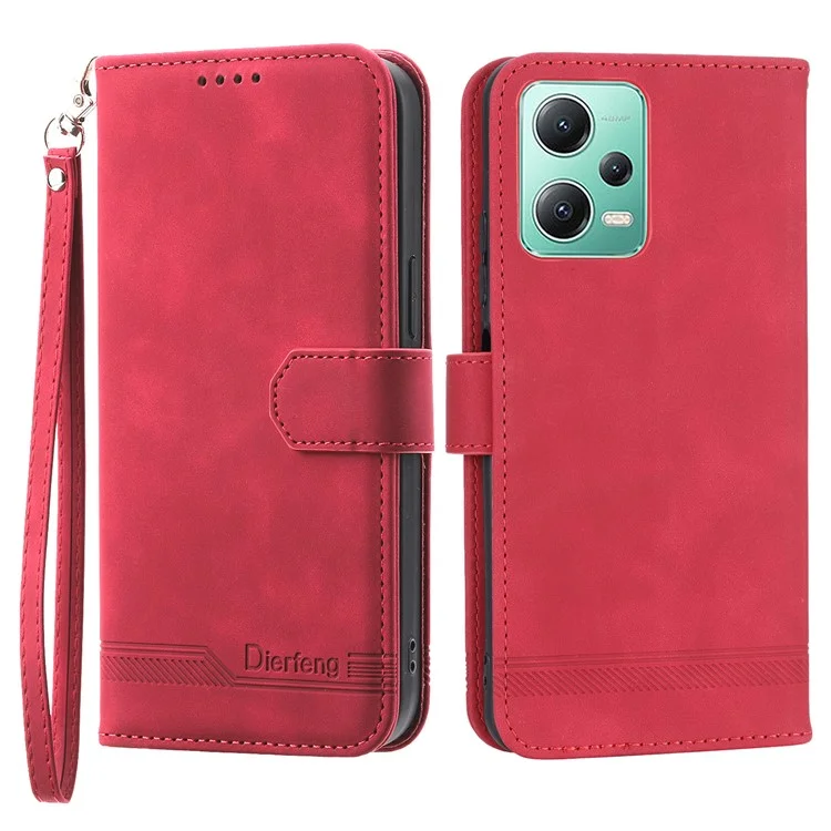 DIERFENG DF-03 Phone Case for Xiaomi Poco X5 5G / Redmi Note 12 5G (Global) / (India) / (China) Lines Imprinted Folding Stand Leather Wallet Cover - Red