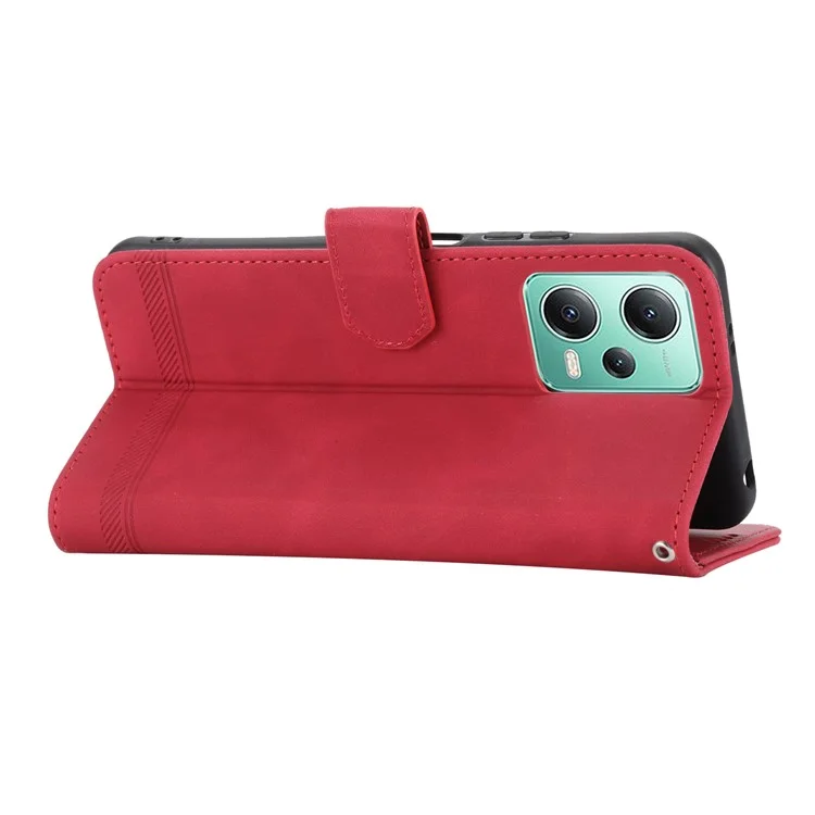 DIERFENG DF-03 Phone Case for Xiaomi Poco X5 5G / Redmi Note 12 5G (Global) / (India) / (China) Lines Imprinted Folding Stand Leather Wallet Cover - Red