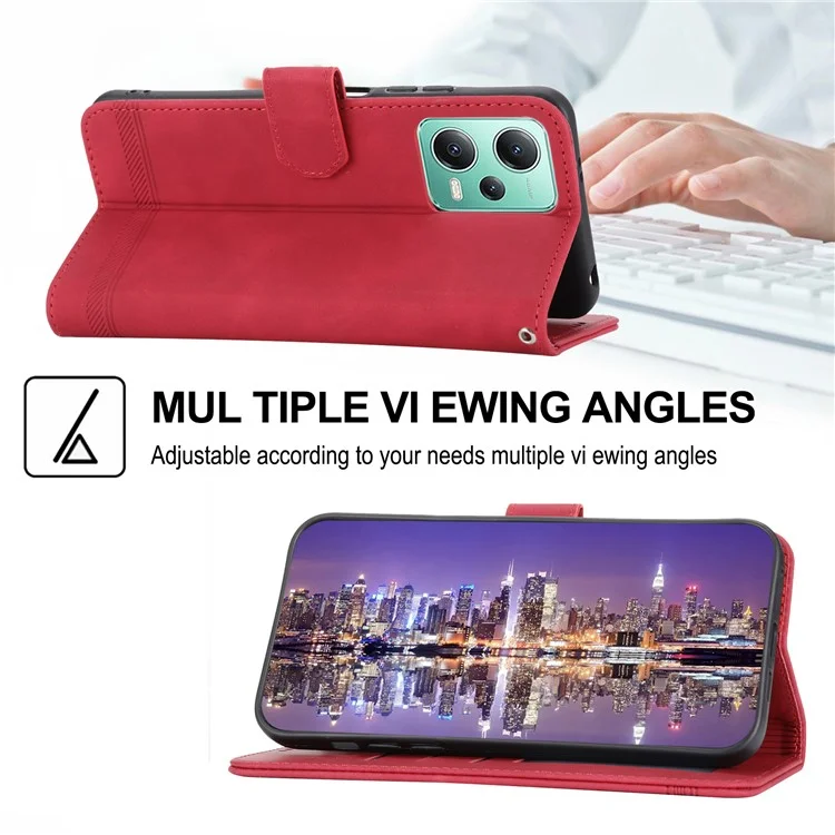 DIERFENG DF-03 Phone Case for Xiaomi Poco X5 5G / Redmi Note 12 5G (Global) / (India) / (China) Lines Imprinted Folding Stand Leather Wallet Cover - Red