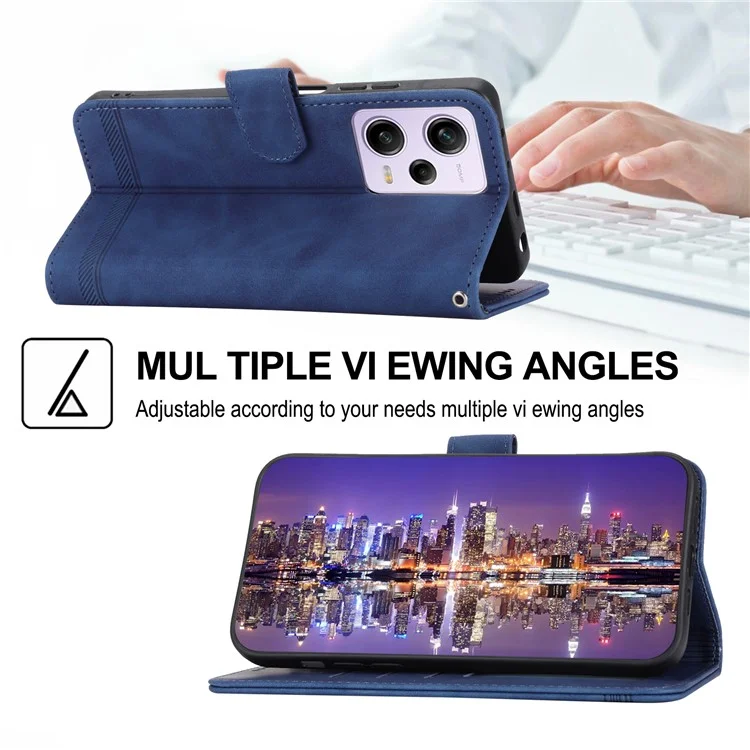 DIERFENG DF-03 für Xiaomi Redmi Note 12 Pro 5G / Note 12 Pro Speed 5G / Poco X5 Pro 5G Linien geprägtes Handyhülle Flip Stand PU Leder Brieftasche Cover - Blau