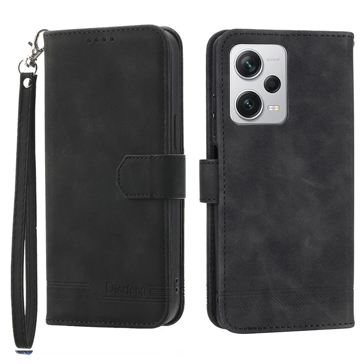 DIERFENG DF-03 para Xiaomi Redmi Note 12 Pro+ 5G Líneas Impresas Cartera de Cuero Funda de Teléfono Flip Stand Anti-caída Cubierta - Negro