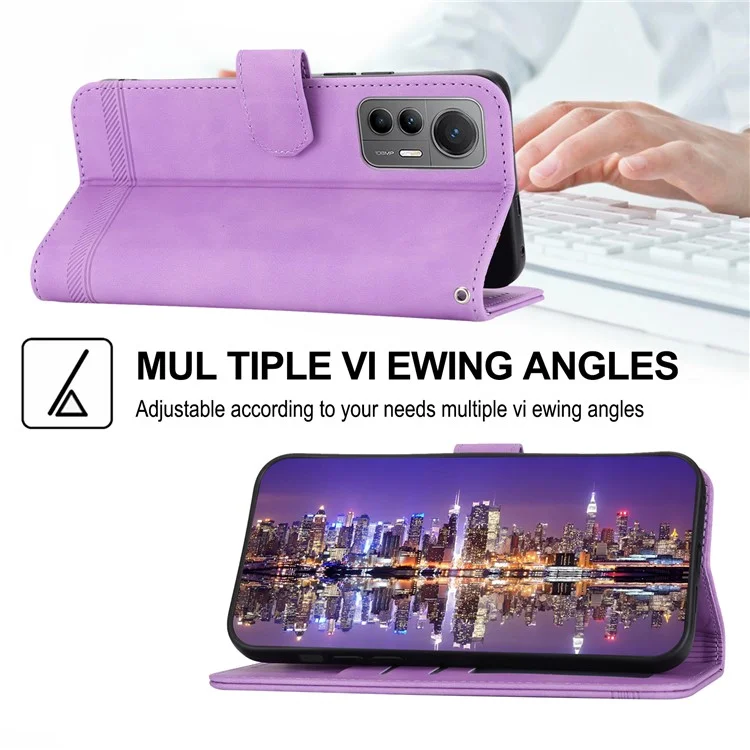 DIERFENG DF-03 Pour Xiaomi 12 Lite 5G Étui en Cuir pour Téléphone Portefeuille Lignes Imprimées Motif Support de Téléphone - Violet