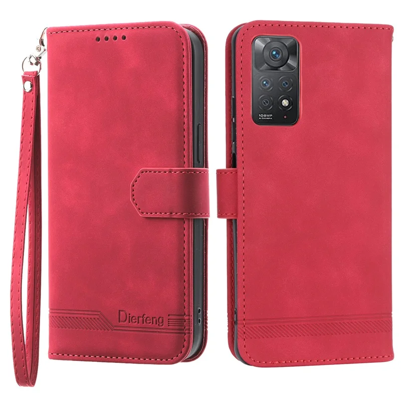 DIERFENG DF-03 for Xiaomi Redmi Note 12 Pro 4G / 11 Pro 4G (MediaTek) / Note 11 Pro 5G (Qualcomm) Phone Case Stand PU Leather Lines Imprinted Phone Wallet Cover - Red