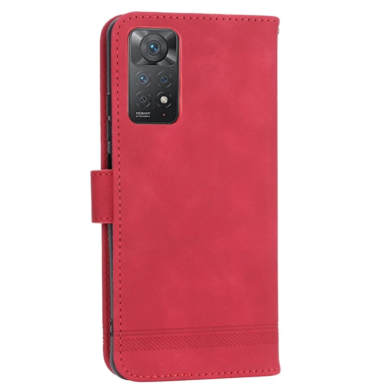 DIERFENG DF-03 for Xiaomi Redmi Note 12 Pro 4G / 11 Pro 4G (MediaTek) / Note 11 Pro 5G (Qualcomm) Phone Case Stand PU Leather Lines Imprinted Phone Wallet Cover - Red